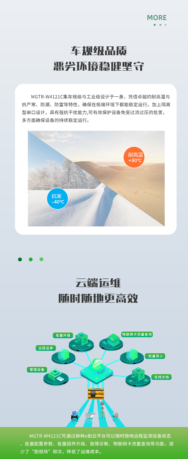 車規(guī)級(jí)品質(zhì) 惡興環(huán)境穩(wěn)健堅(jiān)守。MGTR-W4121C集車規(guī)級(jí)與工業(yè)級(jí)設(shè)計(jì)于一身，憑借卓越的耐高溫與 抗嚴(yán)寒、防潮、防雷等特性，確保在極端環(huán)境下都能穩(wěn)定運(yùn)行。加上隔離 型串口設(shè)計(jì)，具有強(qiáng)抗干擾能力,可有效保護(hù)設(shè)備免受過流過壓的危害， 多方面確保設(shè)備的持續(xù)穩(wěn)定運(yùn)行。云端運(yùn)維 隨時(shí)隨地更高效。MGTR-W4121C可通過柳林e拍云平臺(tái)可以隨時(shí)隨地遠(yuǎn)程監(jiān)測設(shè)備狀態(tài) 批量配置參數(shù)、批量固件升級(jí)、故障診斷、物聯(lián)網(wǎng)卡流量查詢等功能，減 少了“跑現(xiàn)場”頻次，降低了運(yùn)維成本。