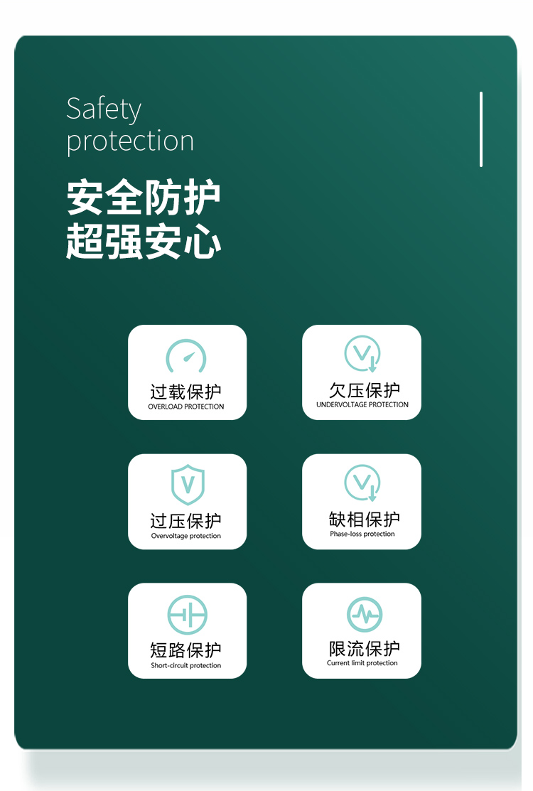 安全防護 超強安心。對過載、欠壓、過壓、缺相、短路、限流等狀況實現(xiàn)智能保護。